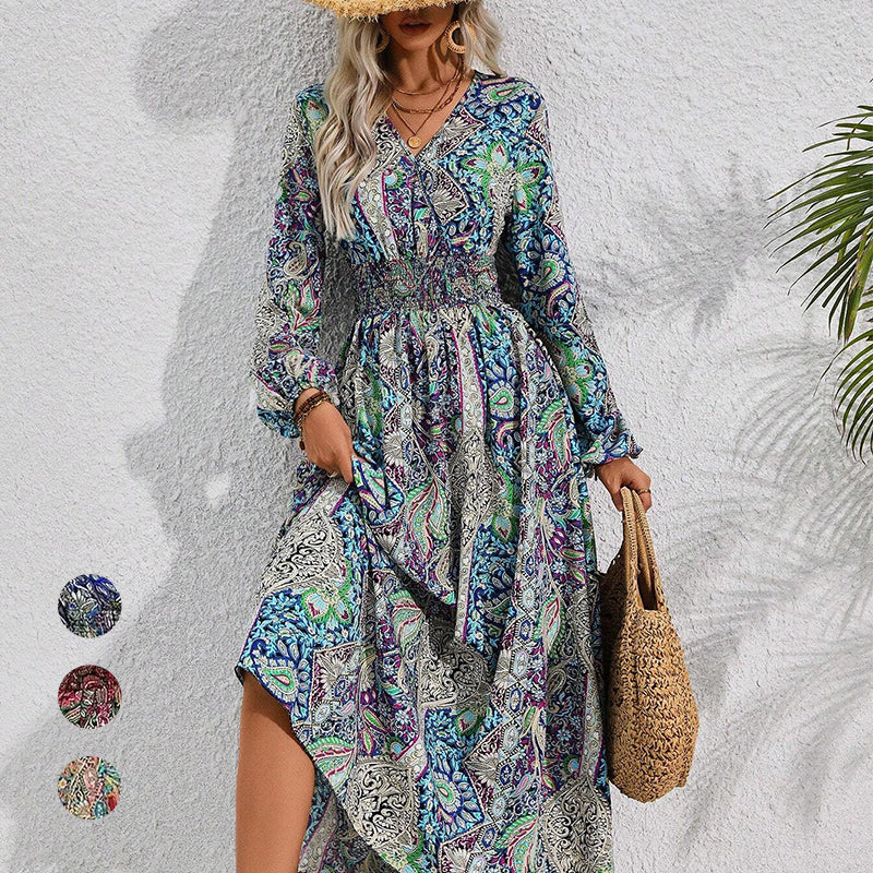 🔥👗 Rochie imprimată cu mânecă lungă 🌸
