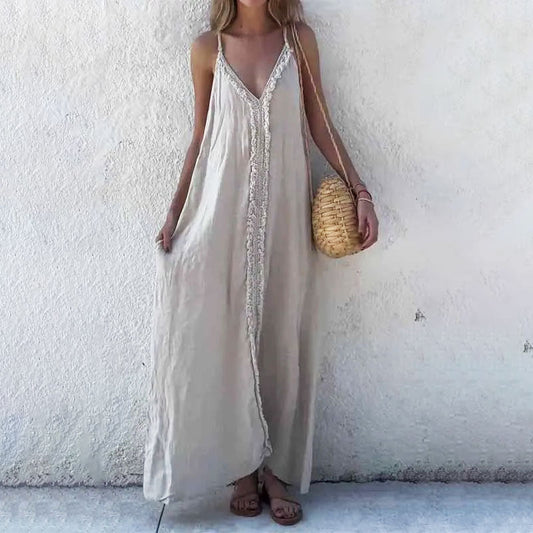 🔥👗Damska sukienka maxi z dekoltem w serek i ramiączkami spaghetti