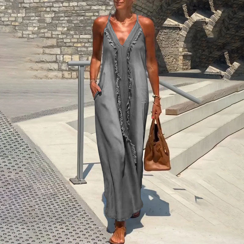 🔥👗Damska sukienka maxi z dekoltem w serek i ramiączkami spaghetti