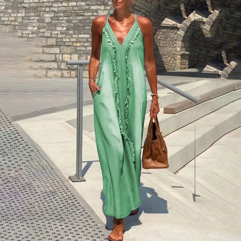 🔥👗Damska sukienka maxi z dekoltem w serek i ramiączkami spaghetti