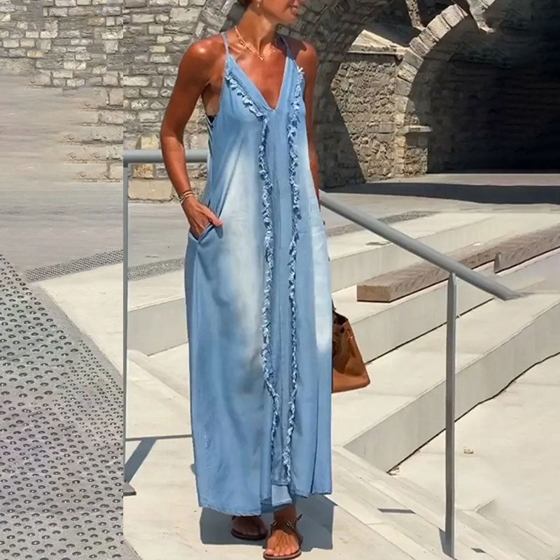 🔥👗Damska sukienka maxi z dekoltem w serek i ramiączkami spaghetti