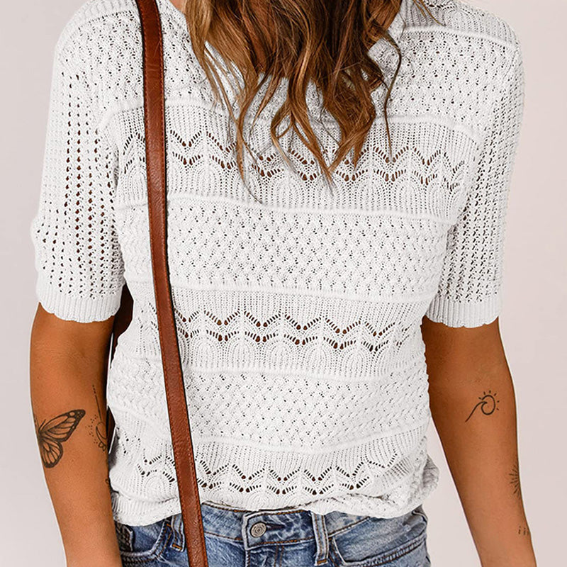 🔥👚【S-XL】Damski sweter z okrągłym dekoltem, krótkim rękawem i wycięciami