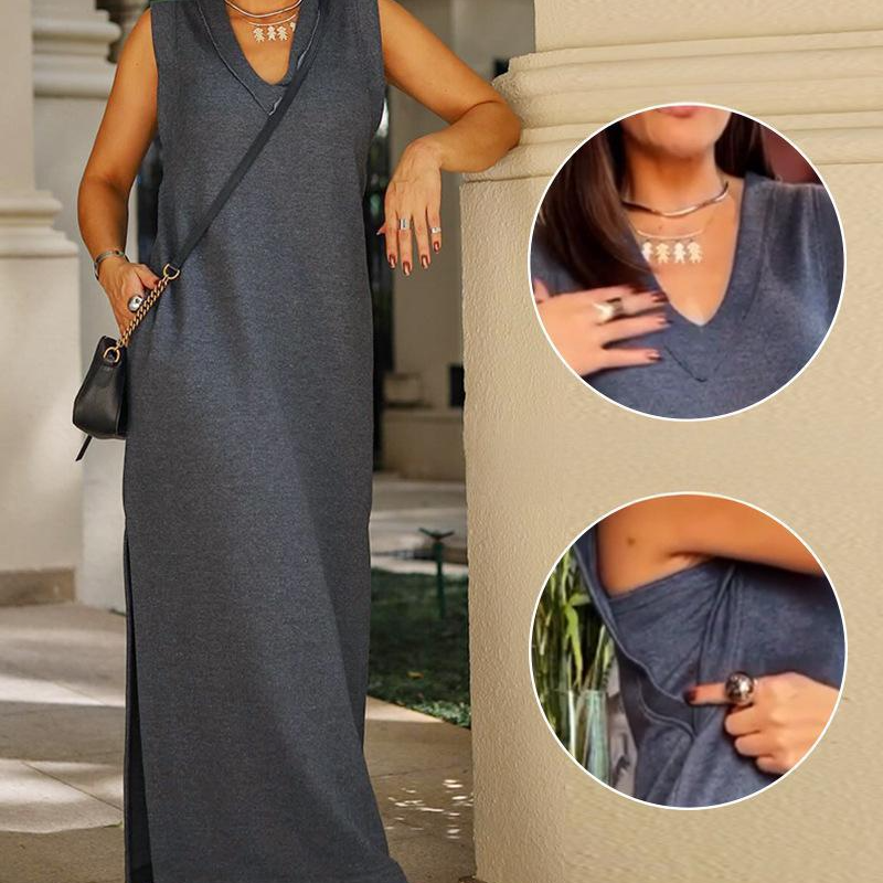 🔥👗Damska sukienka maxi z dekoltem w serek i bez rękawów