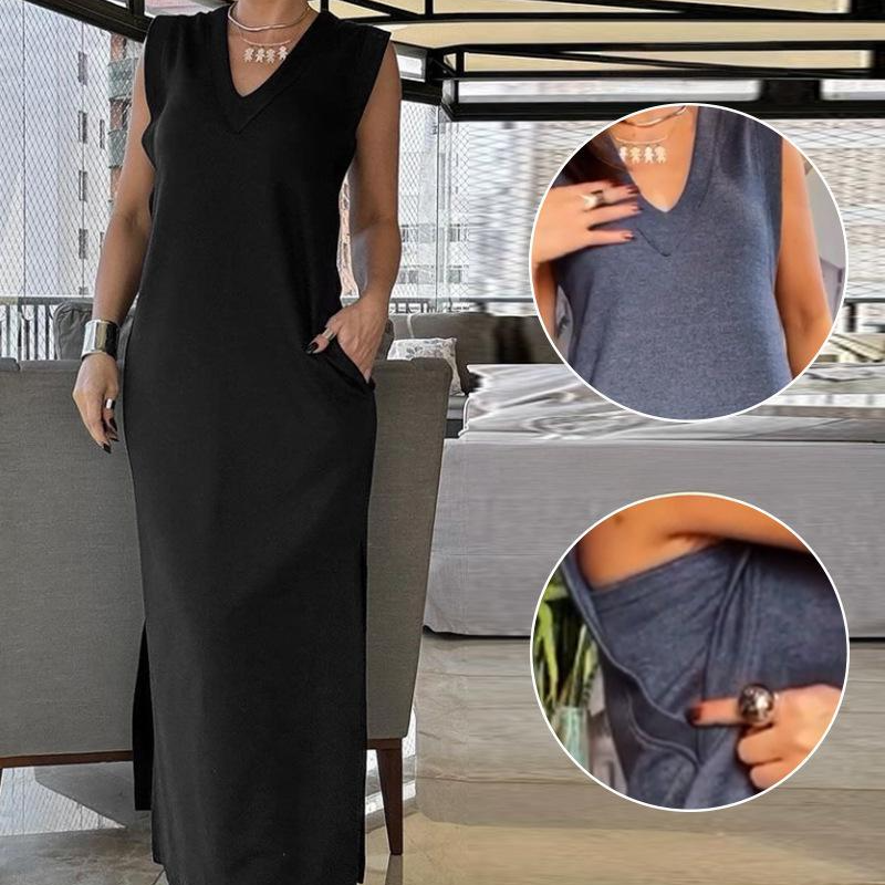 🔥👗Damska sukienka maxi z dekoltem w serek i bez rękawów