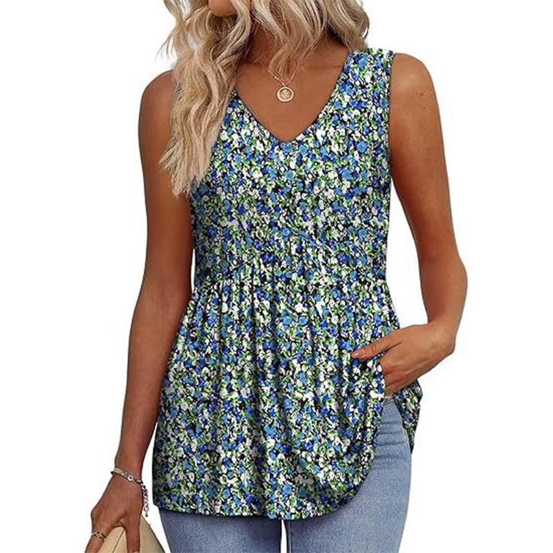 🔥👚Damskie, zwiewne, bezrękawnikowe topy z nadrukiem i dekoltem w serek z baskinką