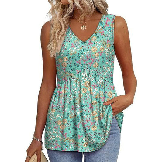 🔥👚Damskie, zwiewne, bezrękawnikowe topy z nadrukiem i dekoltem w serek z baskinką