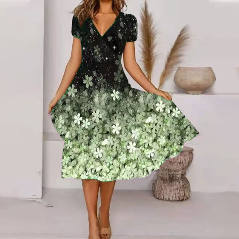 🔥👗 【S-4XL】Damska zwiewna sukienka z nadrukiem z dekoltem w szpic