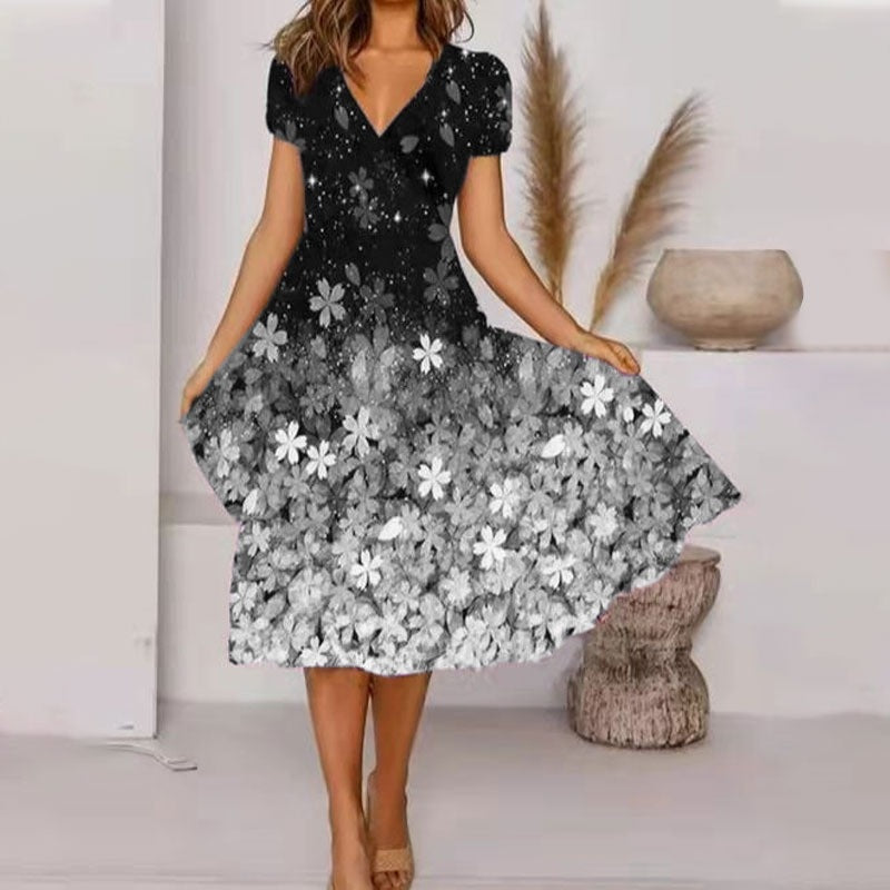 🔥👗 【S-4XL】Damska zwiewna sukienka z nadrukiem z dekoltem w szpic