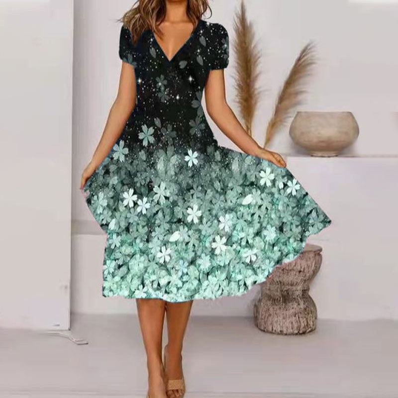 🔥👗 【S-4XL】Damska zwiewna sukienka z nadrukiem z dekoltem w szpic
