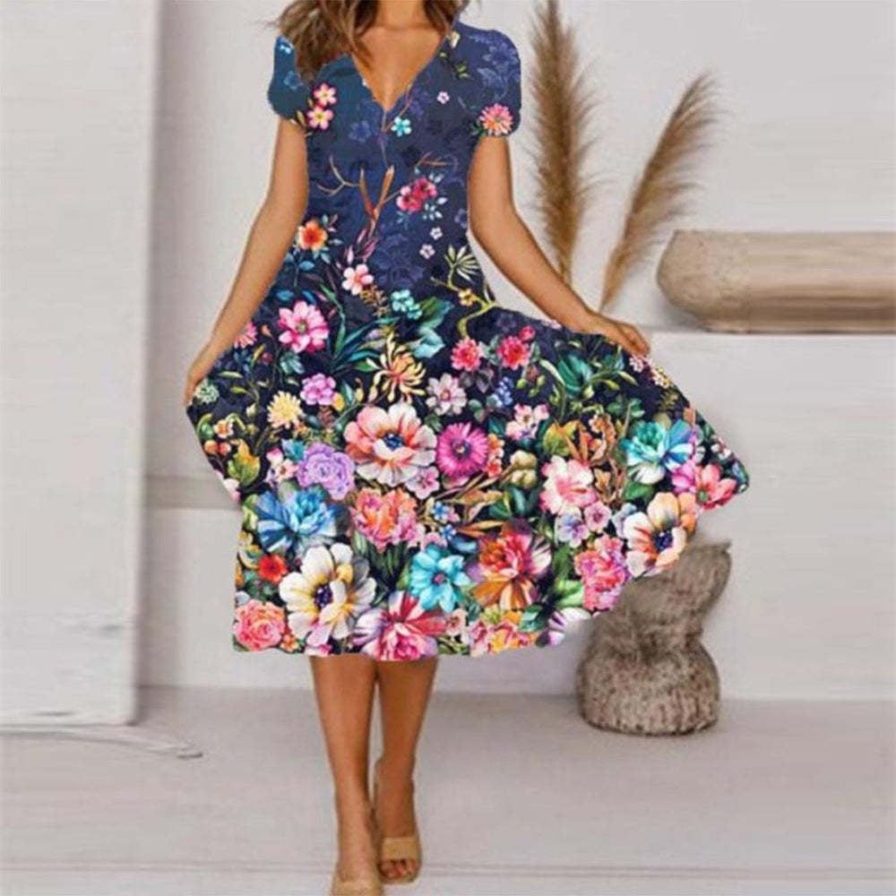 🔥👗 【S-4XL】Damska zwiewna sukienka z nadrukiem z dekoltem w szpic