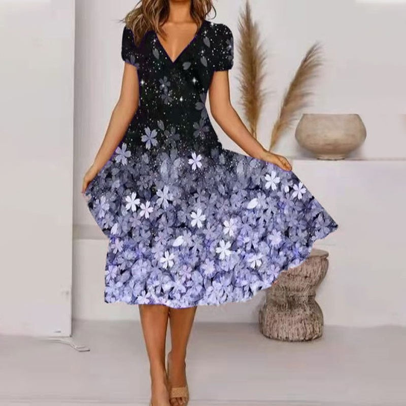 🔥👗 【S-4XL】Damska zwiewna sukienka z nadrukiem z dekoltem w szpic