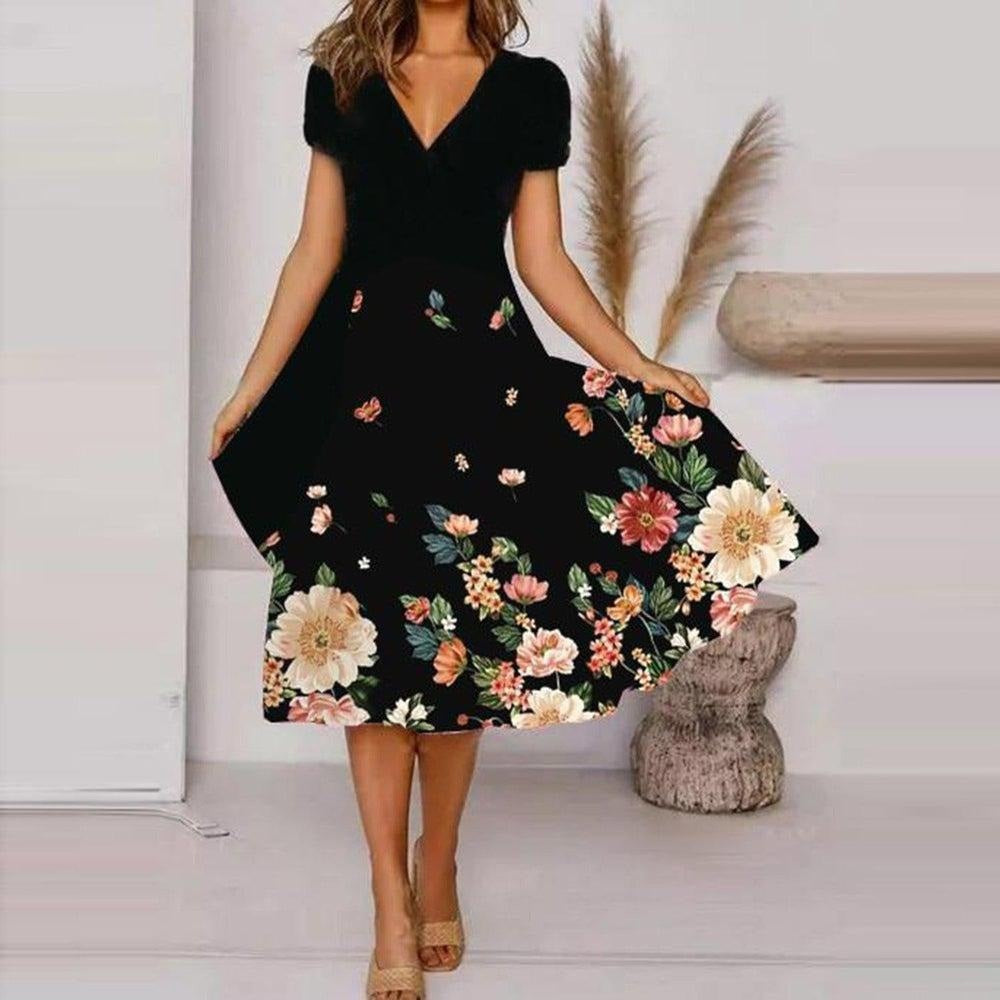 🔥👗 【S-4XL】Damska zwiewna sukienka z nadrukiem z dekoltem w szpic