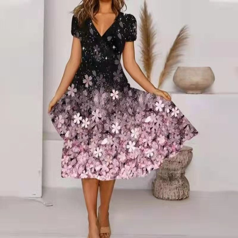 🔥👗 【S-4XL】Damska zwiewna sukienka z nadrukiem z dekoltem w szpic