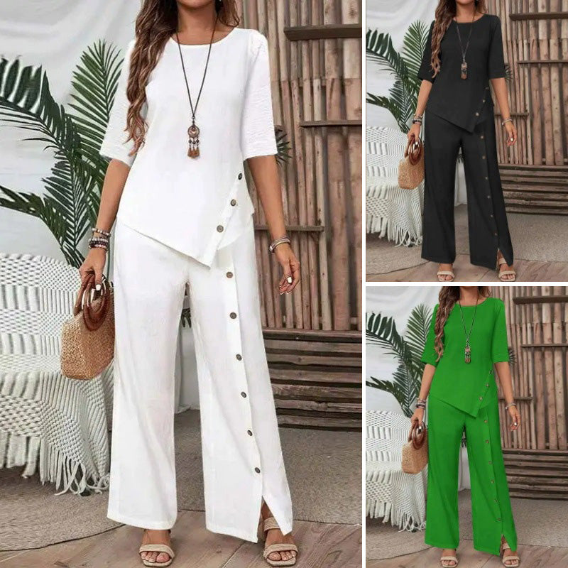 🔥👚👖Damski dwuczęściowy top i luźne spodnie z nieregularnym dołem ☁️