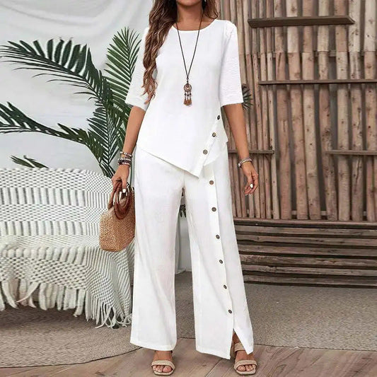 🔥👚👖Damski dwuczęściowy top i luźne spodnie z nieregularnym dołem ☁️
