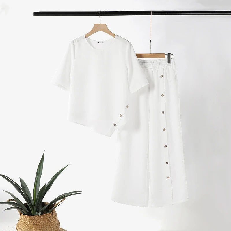 🔥👚👖Damski dwuczęściowy top i luźne spodnie z nieregularnym dołem ☁️