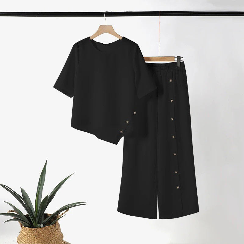 🔥👚👖Damski dwuczęściowy top i luźne spodnie z nieregularnym dołem ☁️