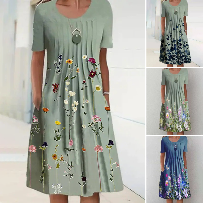 🔥👗Kwiatowa sukienka do kolan z okrągłym dekoltem