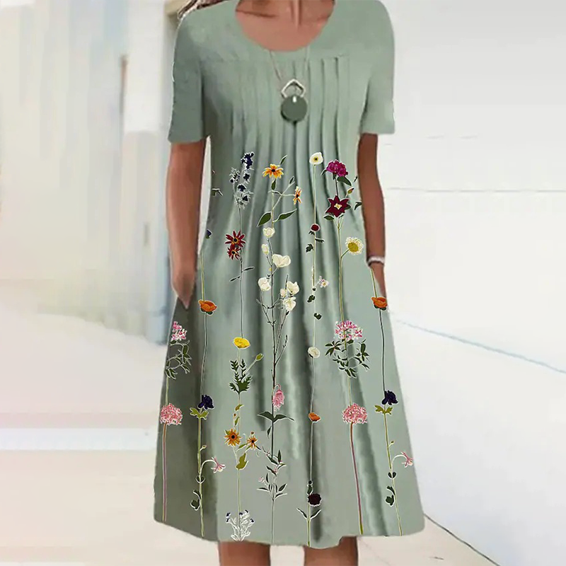 🔥👗Kwiatowa sukienka do kolan z okrągłym dekoltem