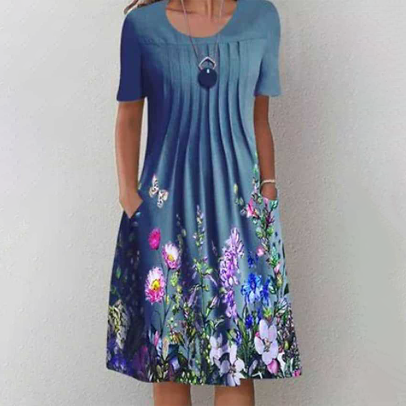 🔥👗Kwiatowa sukienka do kolan z okrągłym dekoltem