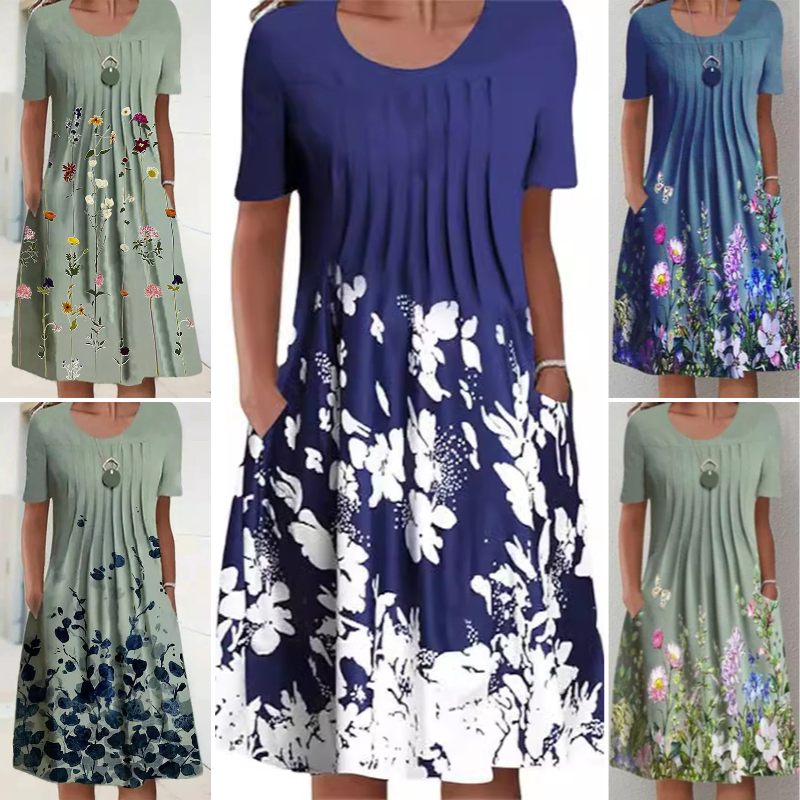 🔥👗Kwiatowa sukienka do kolan z okrągłym dekoltem
