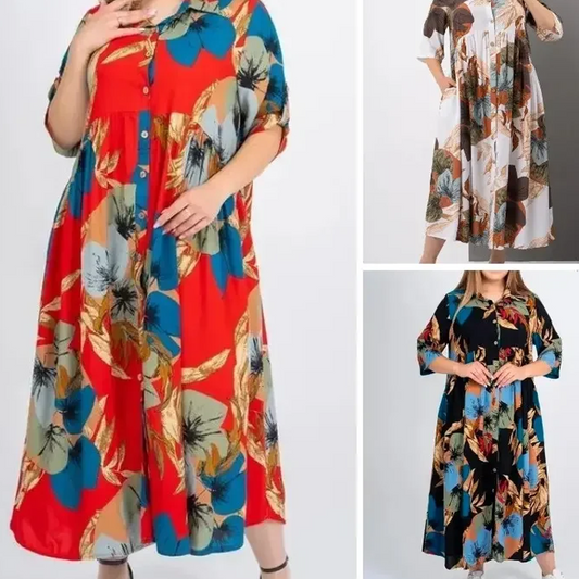 🔥👗Damska luźna długa sukienka z nadrukiem z klapami i guzikami