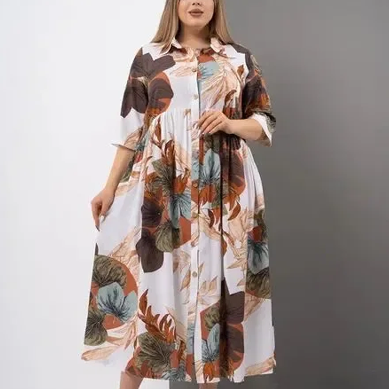 🔥👗Damska luźna długa sukienka z nadrukiem z klapami i guzikami