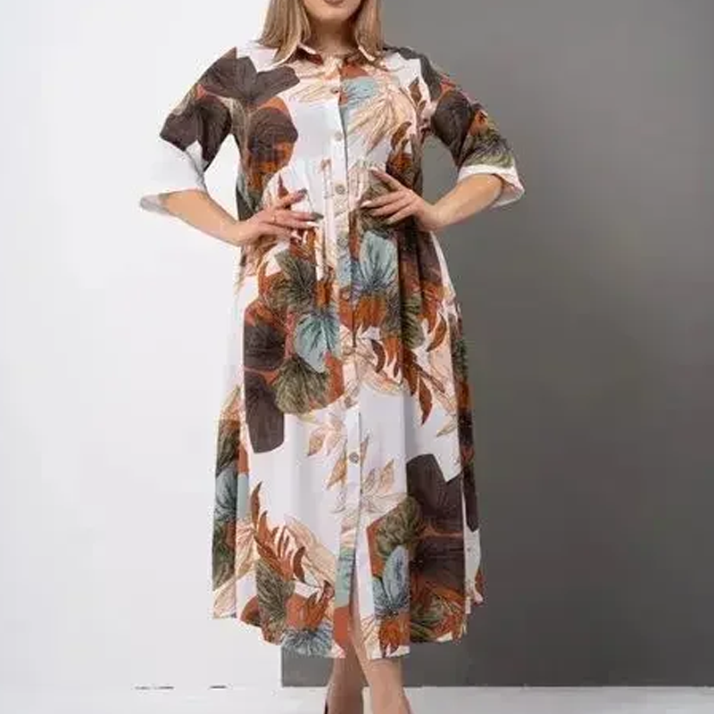 🔥👗Damska luźna długa sukienka z nadrukiem z klapami i guzikami