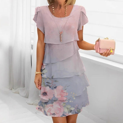 🔥👗Rochie de tort elegantă cu imprimare florală și gât rotund