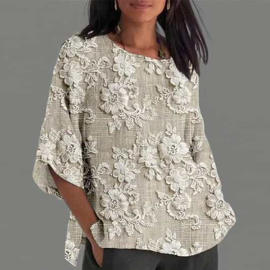 🔥👚Luźny top z rękawem 3/4 z kwiatowym nadrukiem 3D