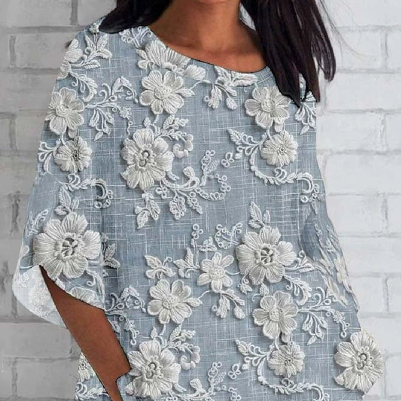 🔥👚Luźny top z rękawem 3/4 z kwiatowym nadrukiem 3D