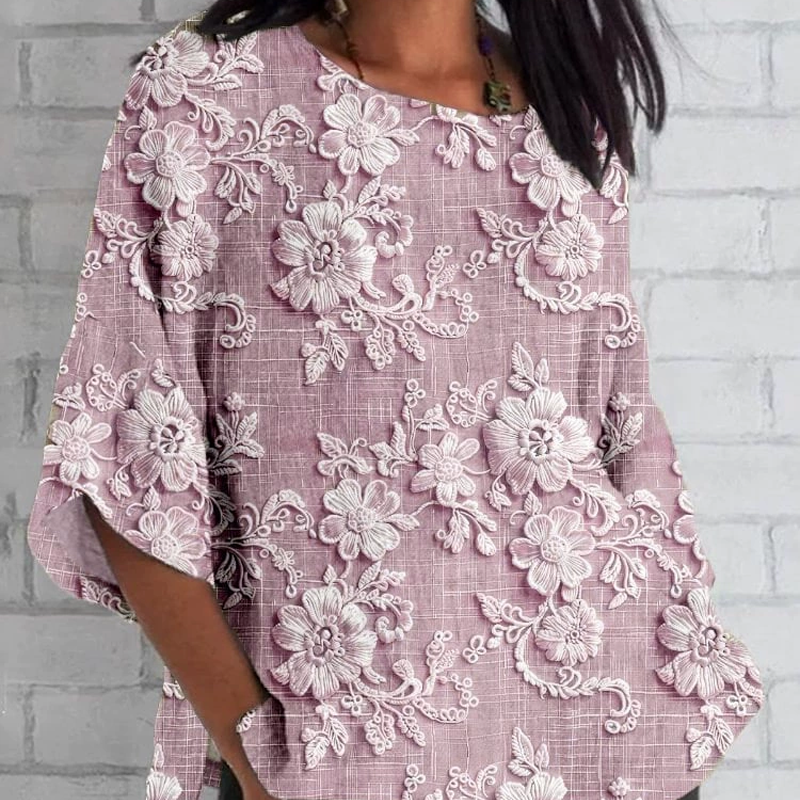 🔥👚Luźny top z rękawem 3/4 z kwiatowym nadrukiem 3D