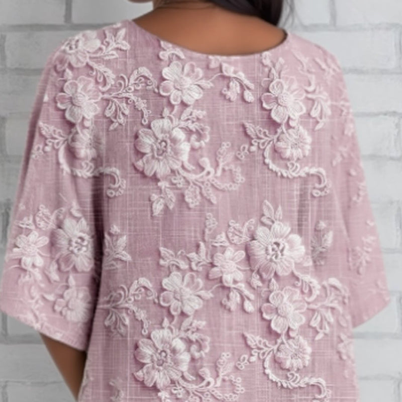 🔥👚Luźny top z rękawem 3/4 z kwiatowym nadrukiem 3D