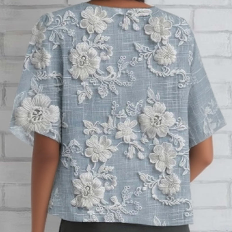 🔥👚Luźny top z rękawem 3/4 z kwiatowym nadrukiem 3D