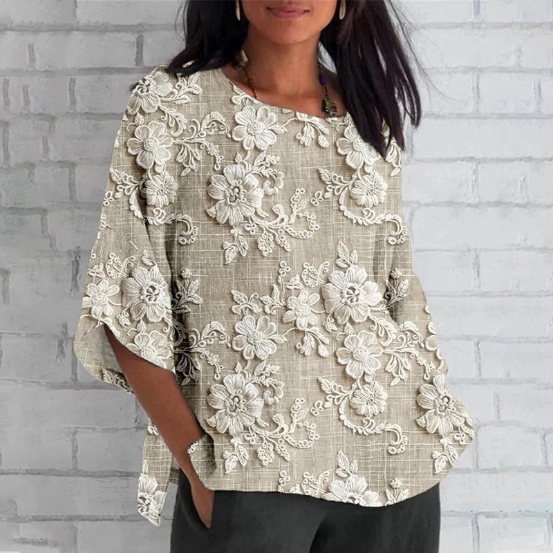 🔥👚Luźny top z rękawem 3/4 z kwiatowym nadrukiem 3D
