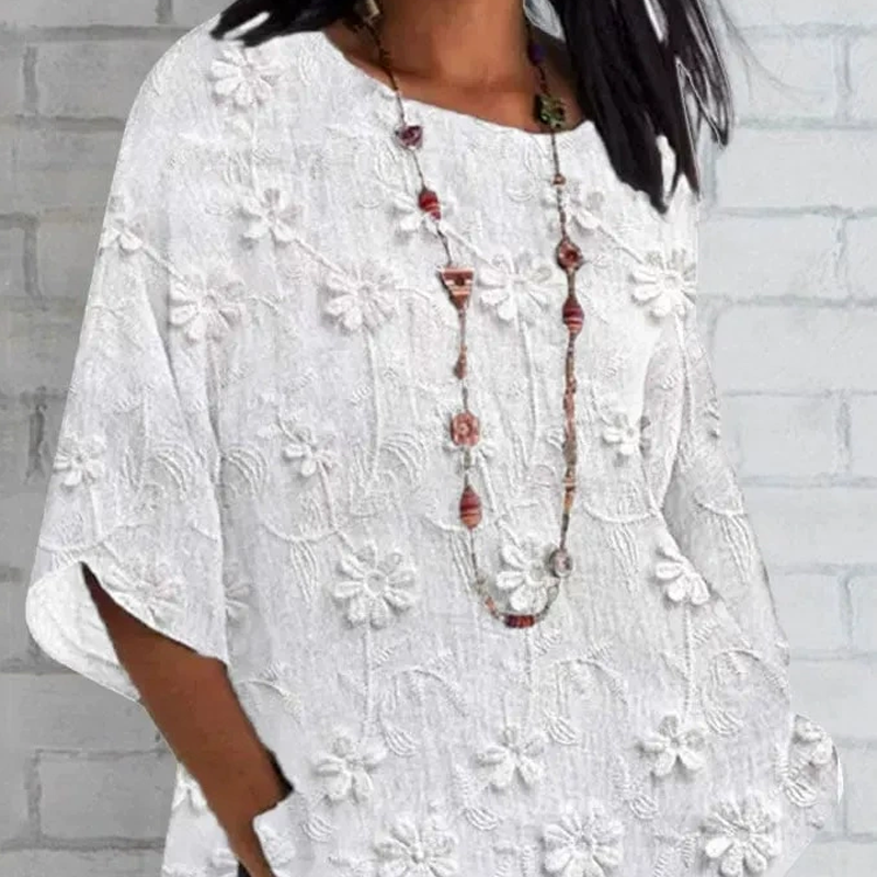 🔥👚Luźny top z rękawem 3/4 z kwiatowym nadrukiem 3D