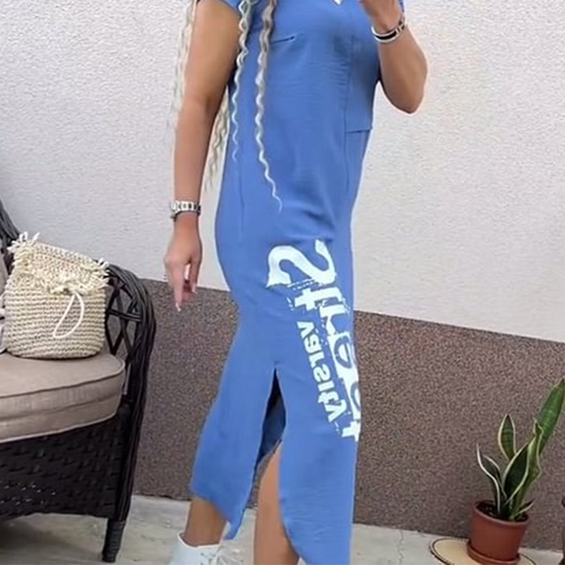 🔥👗Damska luźna sukienka z krótkim rękawem i rozcięciem z boku