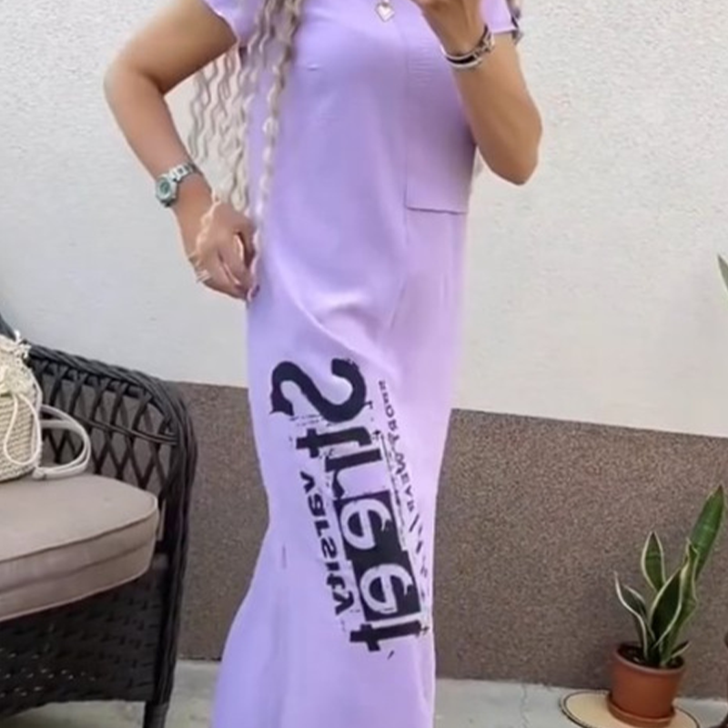 🔥👗Damska luźna sukienka z krótkim rękawem i rozcięciem z boku