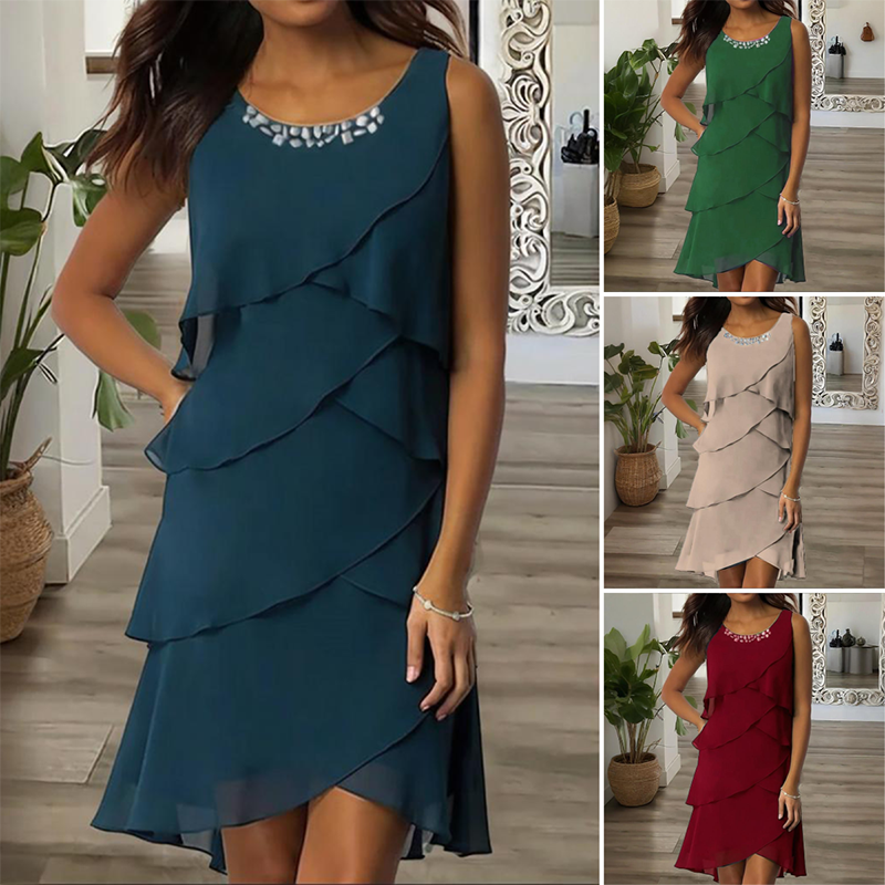 🔥👗Eleganckie damskie szyfonowe sukienki bez rękawów z kryształkami