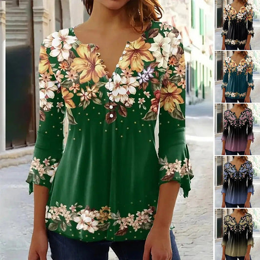 🔥👚Elegancki damski top z dekoltem w kształcie litery V z kwiatowym nadrukiem