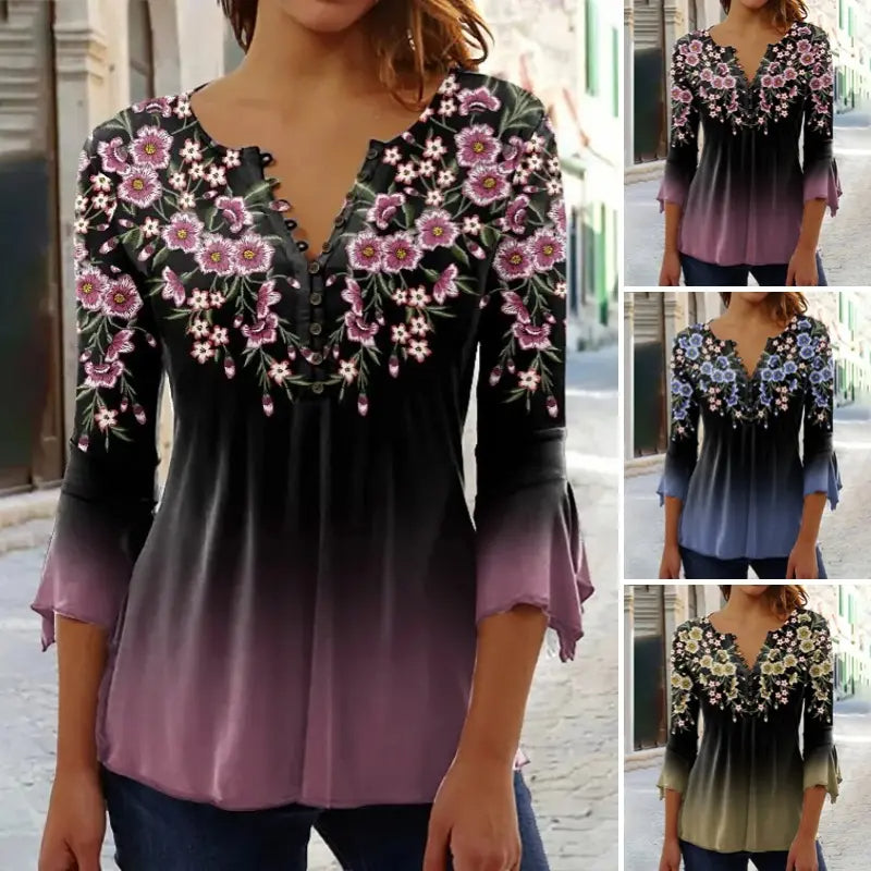🔥👚Elegancki damski top z dekoltem w kształcie litery V z kwiatowym nadrukiem