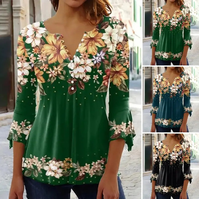 🔥👚Elegancki damski top z dekoltem w kształcie litery V z kwiatowym nadrukiem