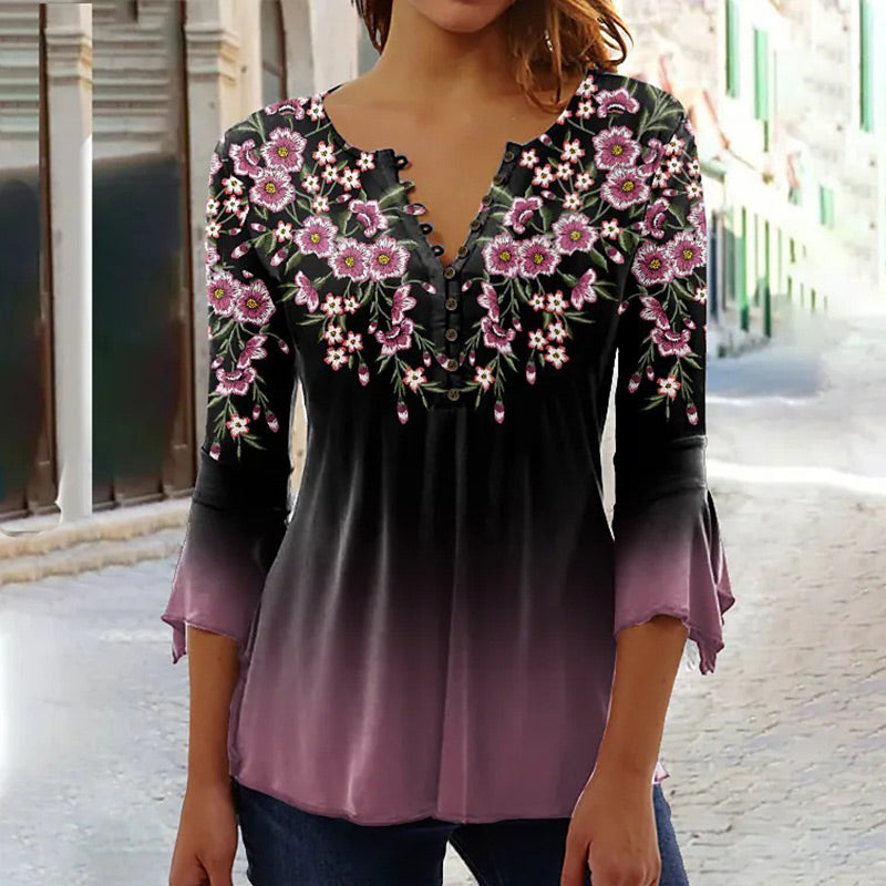 🔥👚Elegancki damski top z dekoltem w kształcie litery V z kwiatowym nadrukiem