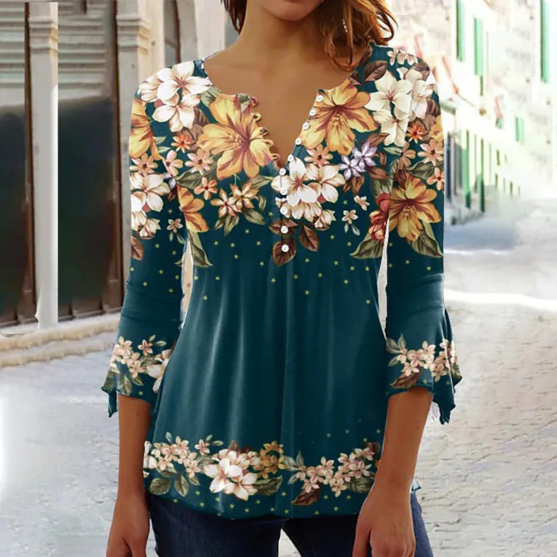 🔥👚Elegancki damski top z dekoltem w kształcie litery V z kwiatowym nadrukiem