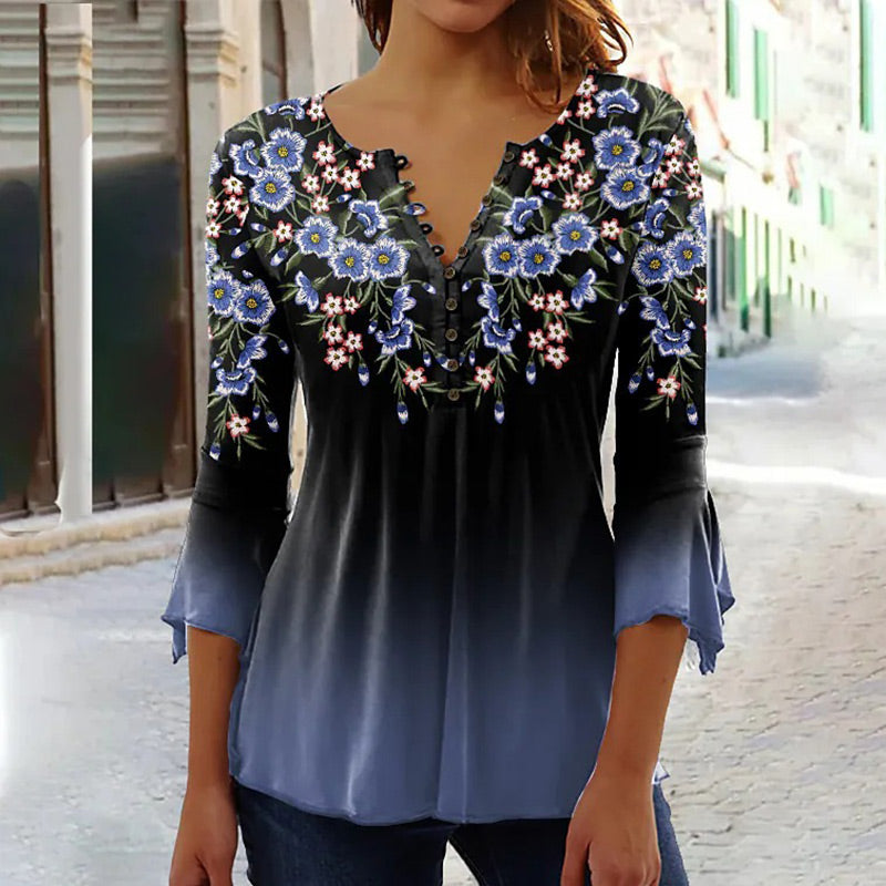 🔥👚Elegancki damski top z dekoltem w kształcie litery V z kwiatowym nadrukiem