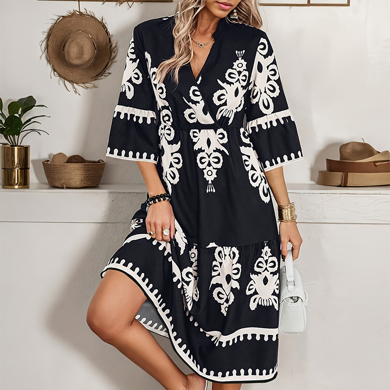 🔥👗Casualowa sukienka z nadrukiem i dekoltem w serek