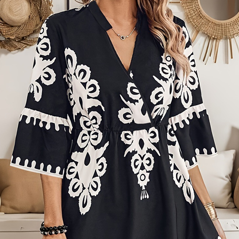🔥👗Casualowa sukienka z nadrukiem i dekoltem w serek