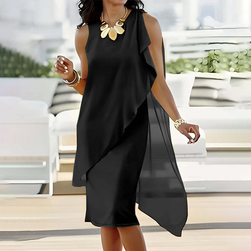 🔥👗Elegancka sukienka bez rękawów z asymetryczną siateczką i okrągłym dekoltem