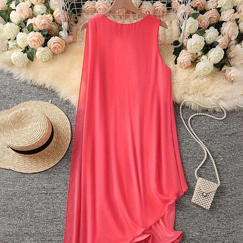 🔥👗Elegancka sukienka bez rękawów z asymetryczną siateczką i okrągłym dekoltem