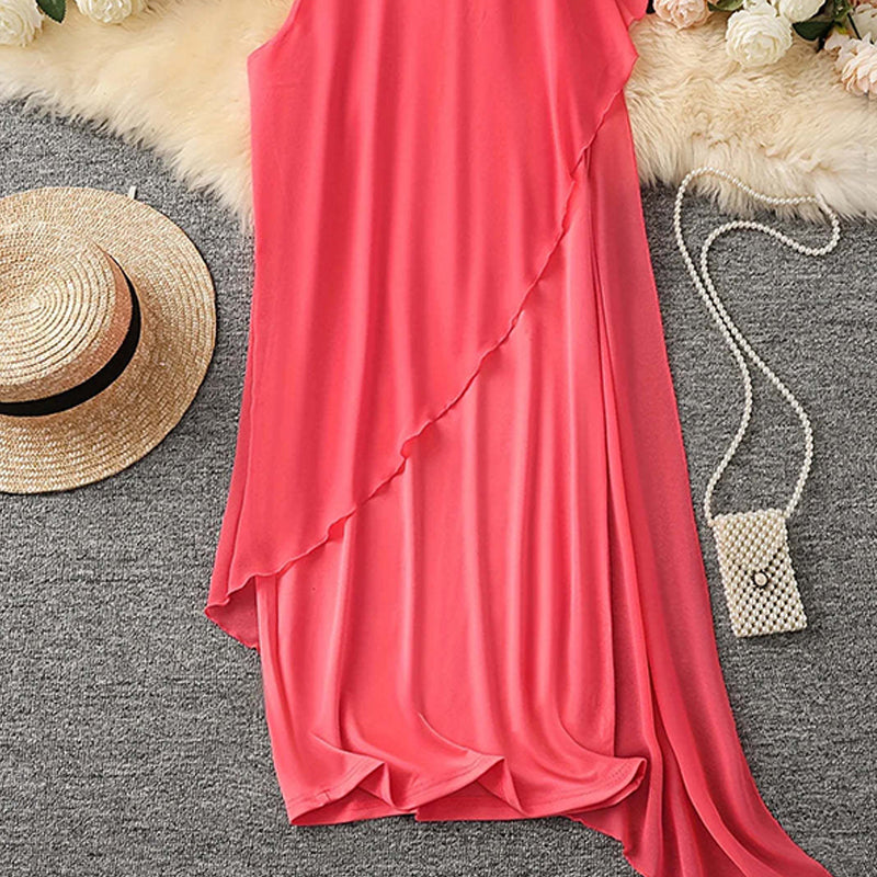 🔥👗Elegancka sukienka bez rękawów z asymetryczną siateczką i okrągłym dekoltem